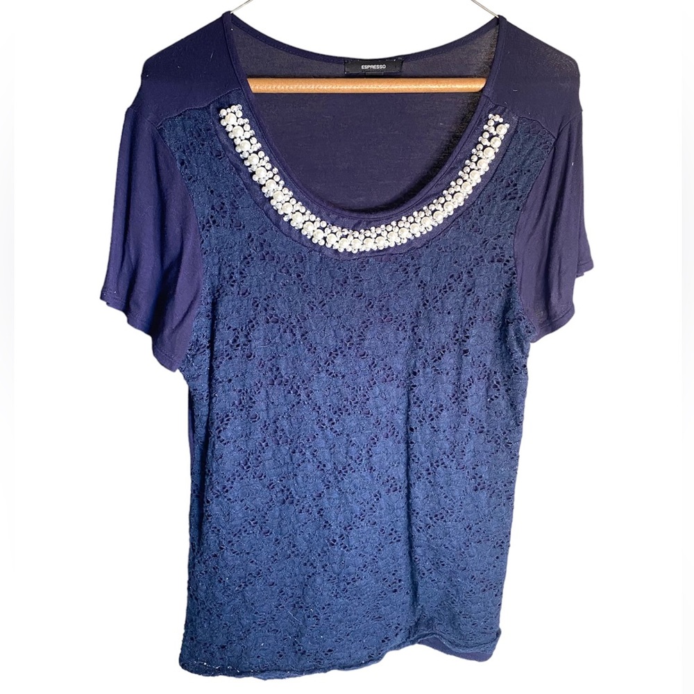 Espresso navy blue lace blouse with faux pearl neckline.